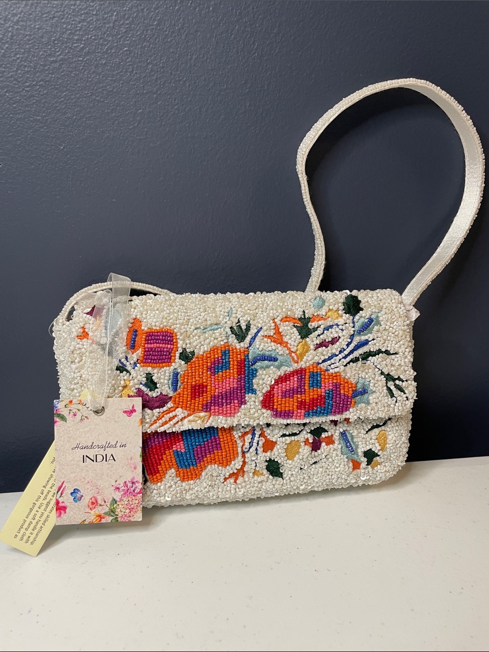 Handcrafted Beaded Floral Clutch in White with Multicolor Accents